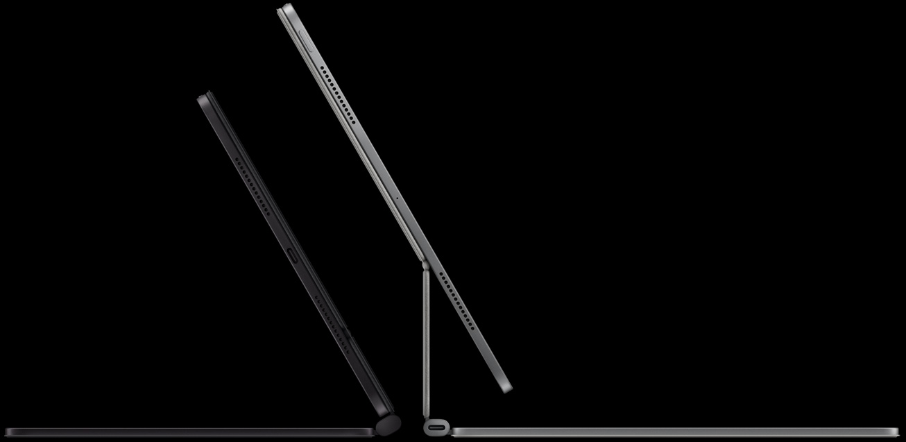 Due modelli di iPad Pro in orizzontale visti di lato, ognuno agganciato a una Magic Keyboard, design a inclinazione libera
