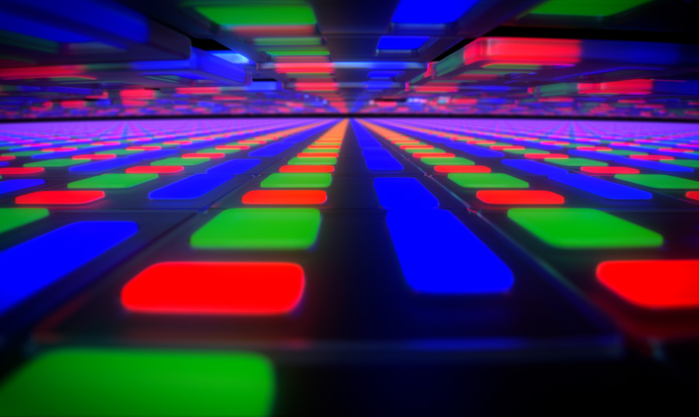 Színesen világító téglatestek illusztrálják az OLED-technológiát