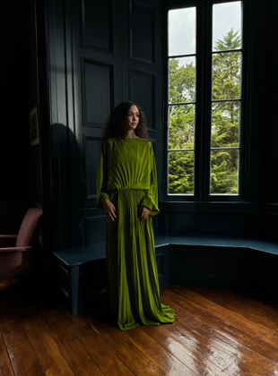 Фотознімок жінки в зеленій сукні, що було зроблено на об’єктив 24 мм