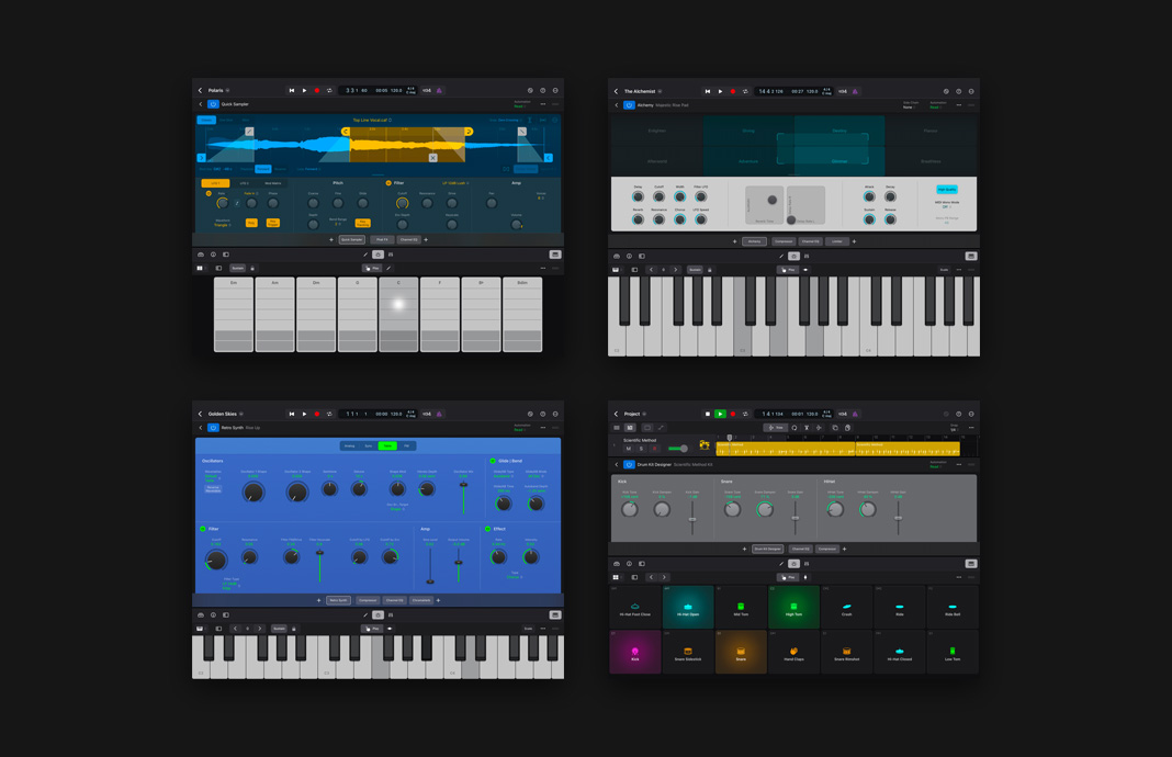 Os efeitos sonoros de vários instrumentos são ajustados no Logic Pro para iPad do iPad Pro.