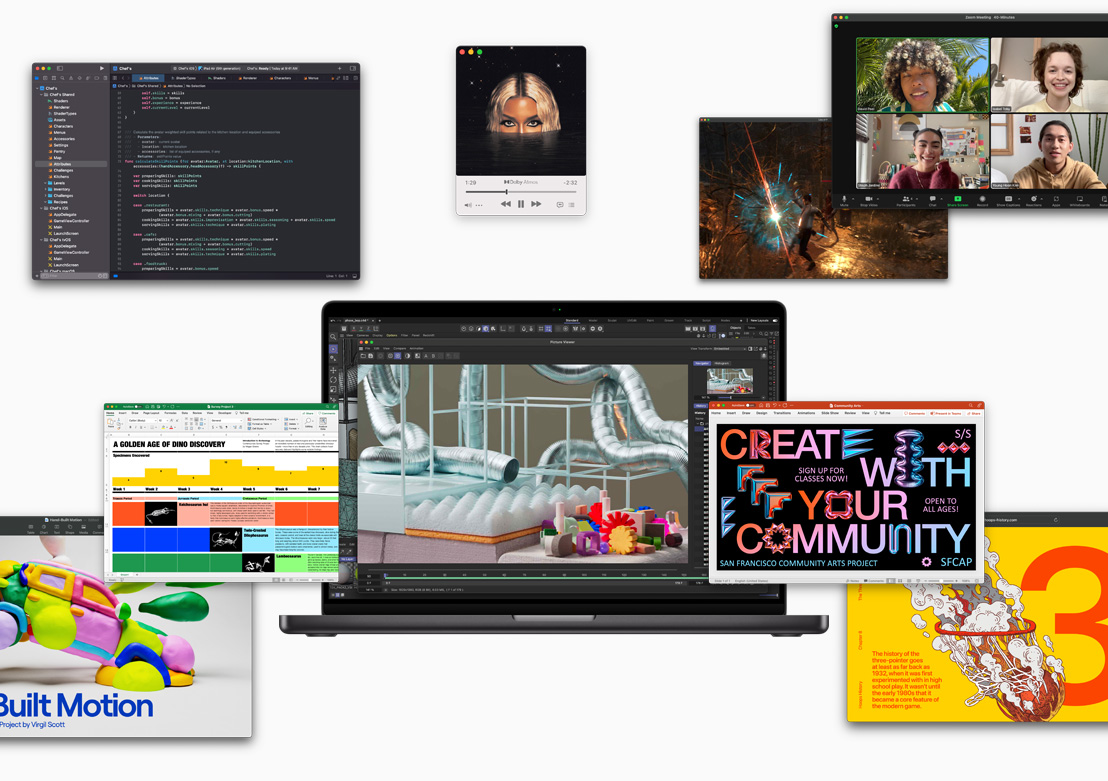 Các màn hình hiển thị nhiều ứng dụng chạy được trên Apple Silicon: Xcode, Nhạc, Zoom, Excel, PowerPoint, Keynote, Adobe After Effects, Safari, và một phần mềm chơi game.