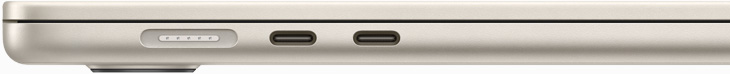 MacBook Air sānskats ar MagSafe un diviem Thunderbolt portiem