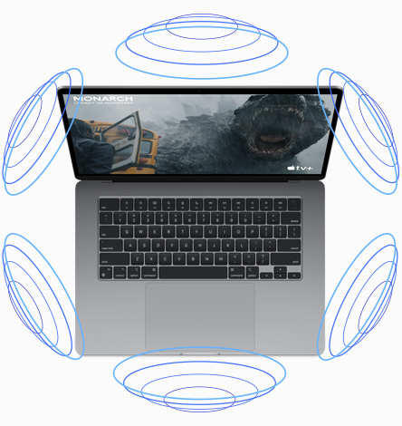 Skats no augšas ar MacBook Air un ilustrāciju, demonstrējot telpiskā audio darbību kinofilmas atskaņošanas laikā