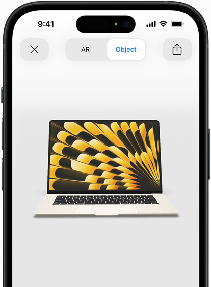 Преглед на MacBook Air в астро бяло, който се гледа в AR на iPhone