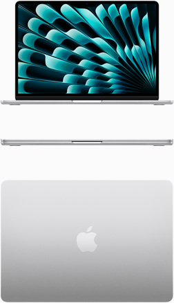Imagem frontal e de cima do MacBook Air na cor prateada