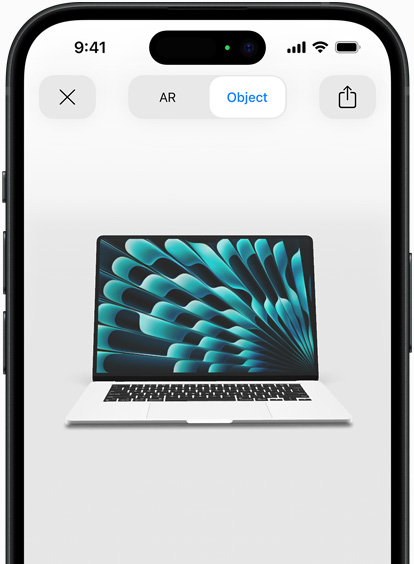 Pratinjau MacBook Air dalam warna Perak yang ditampilkan dengan AR di iPhone