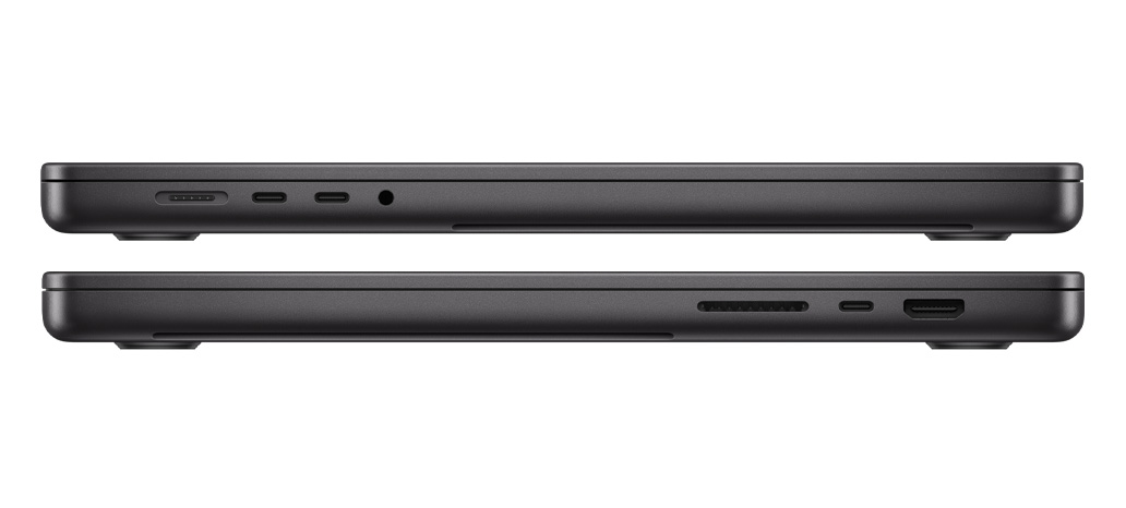Viser portene på MacBook Pro med M3 Pro eller M3 Max-chip: venstre side, MagSafe 3-port, to Thunderbolt 4-porter og hodetelefonutgang, og høyre side, SDXC-kortplass, én Thunderbolt 4-port og HDMI-port