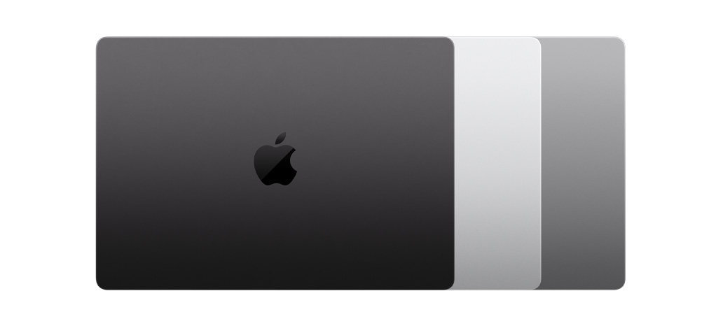 Zobrazení tří dostupných barev MacBooku Pro: vesmírně černé, stříbrné a vesmírně šedé