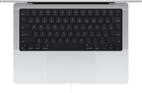Góc nhìn từ trên xuống của MacBook Pro 14 inch đang mở, hiển thị bàn di chuột Force Touch phía bên dưới bàn phím