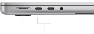 MacBook Pro 14 inch với M3, đã đóng, mặt bên trái, hiển thị cổng MagSafe 3, hai cổng Thunderbolt / USB 4 và jack cắm tai nghe