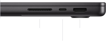 MacBook Pro 14 inch với M3 Pro hoặc M3 Max, đã đóng, mặt bên phải, hiển thị khe thẻ nhớ SDXC, một cổng Thunderbolt 4 và cổng HDMI