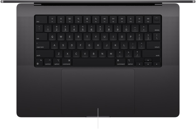 Góc nhìn từ trên xuống của MacBook Pro 16 inch đang mở, hiển thị bàn di chuột Force Touch phía bên dưới bàn phím