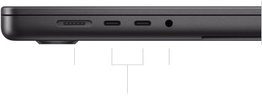 MacBook Pro 16 inch, đã đóng, mặt bên trái, hiển thị cổng MagSafe 3, hai cổng Thunderbolt 4 và jack cắm tai nghe