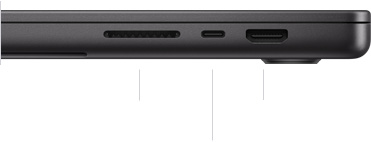 MacBook Pro 16 inch, đã đóng, mặt bên phải, hiển thị khe thẻ nhớ SDXC, một cổng Thunderbolt 4 và cổng HDMI