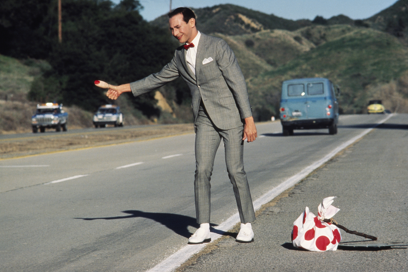 Paul Reubens on the set of Pee-wee’s Big Adventure (1985), directed by Tim Burton. Photo: Barry King/Sygma via Getty Images.
