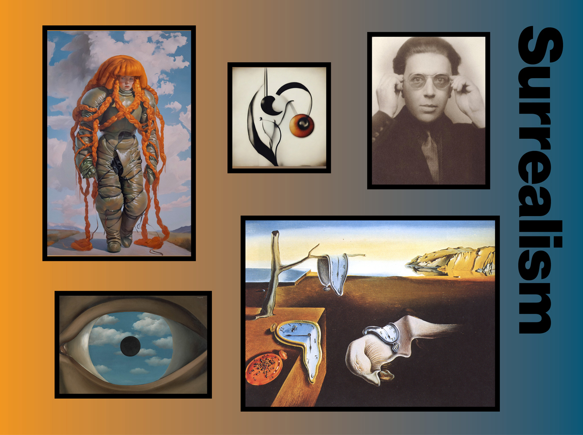 a grid of well-known Surrealist artworks on an orange to blue gradient background