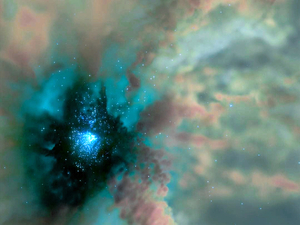 球状星団について、シミュレーションを画像化した。星々が合体して太陽の質量の1万倍もの巨大な星になり、最終的には太陽の数千倍の中間質量ブラックホールになるという＝藤井通子氏、武田隆顕氏提供