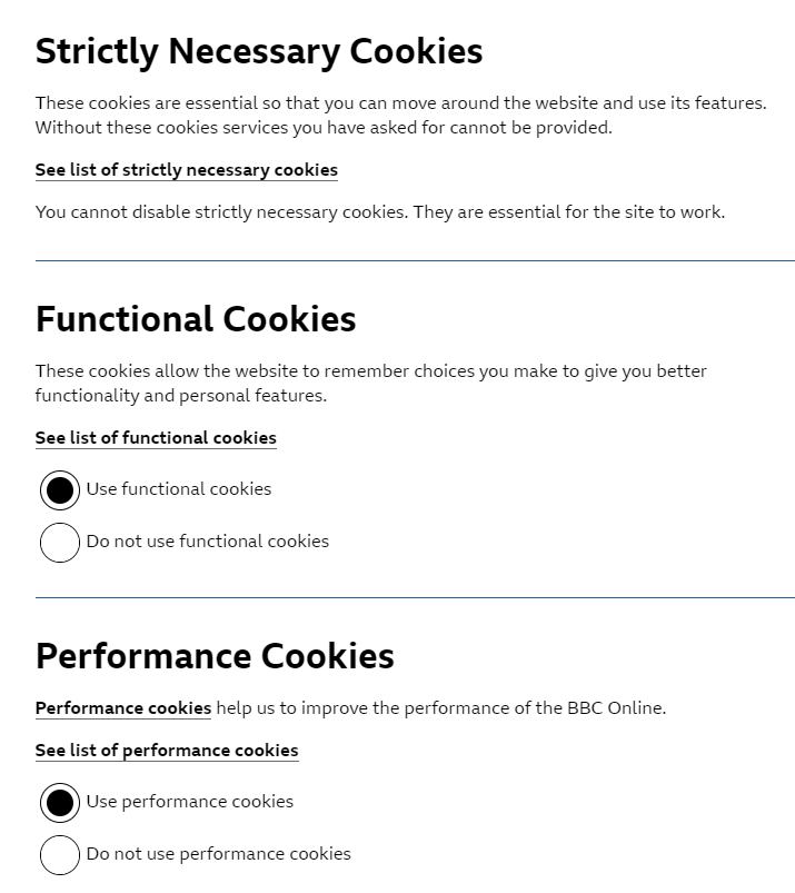 Image from the cookies page showing the three cookie setting choices