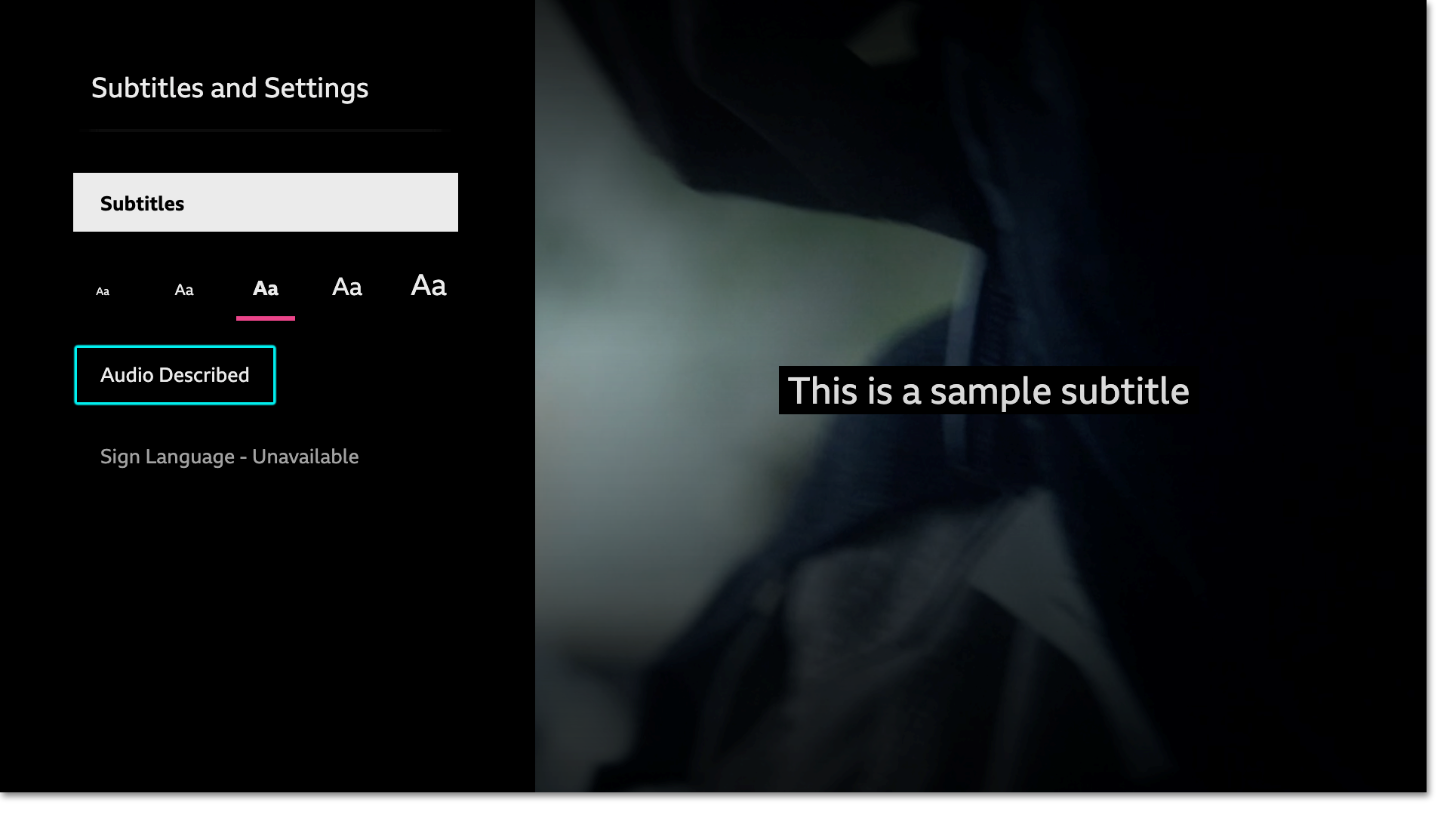 Image showing the accessibility menu on the TV app. The Audio Description button is highlighted