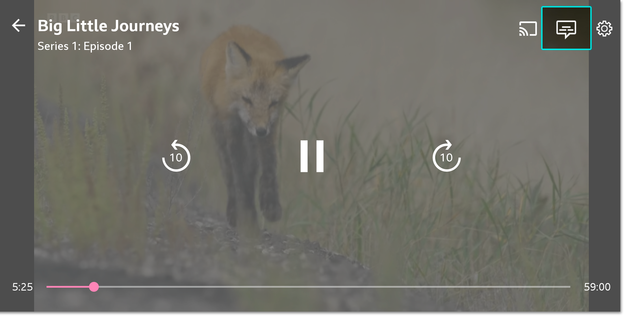 Image of the playback screen on the iPlayer mobile app. The accessibility icon (a speech bubble) is highlighted on the top right of the screen