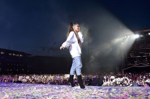 Ariana Grande performs on stage during the One Love Manchester Benefit Concert at Old Trafford on June 4, 2017 in Manchester, England.