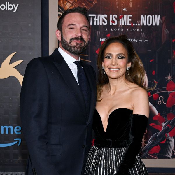 Ben Affleck and Jennifer Lopez Smiling at the Camera in Black-Tie Attire