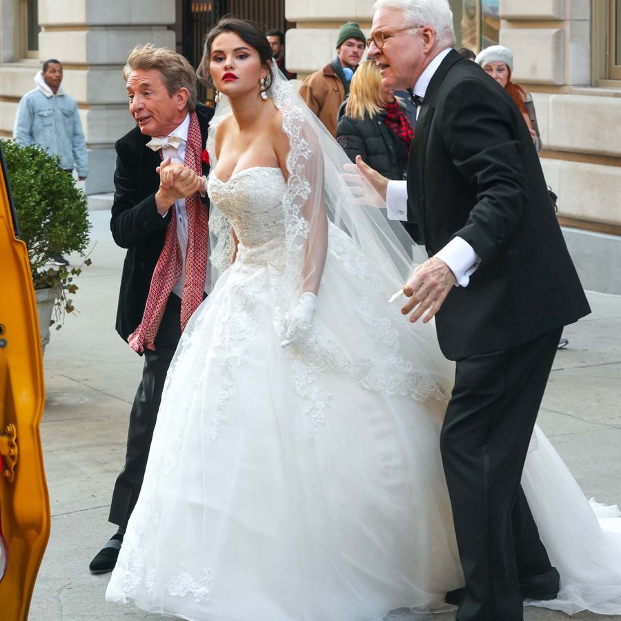 Selena Gomez in Strapless Wedding Dress with Martin Short and Steve Martin