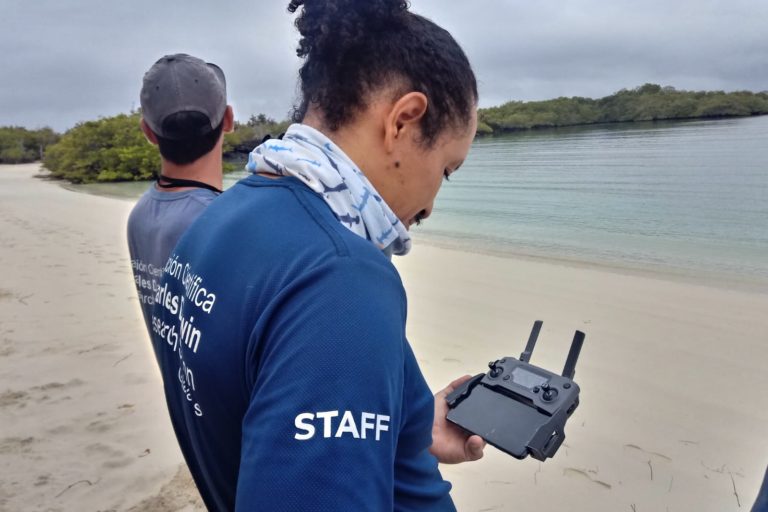 Researchers from the Charles Darwin Foundation monitor the number of sea turtles and their locations using a drone. Image by Michelle Carrere
