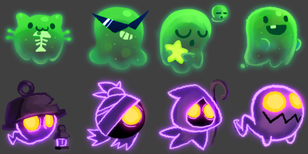 Illustration of green and purple ghost characters