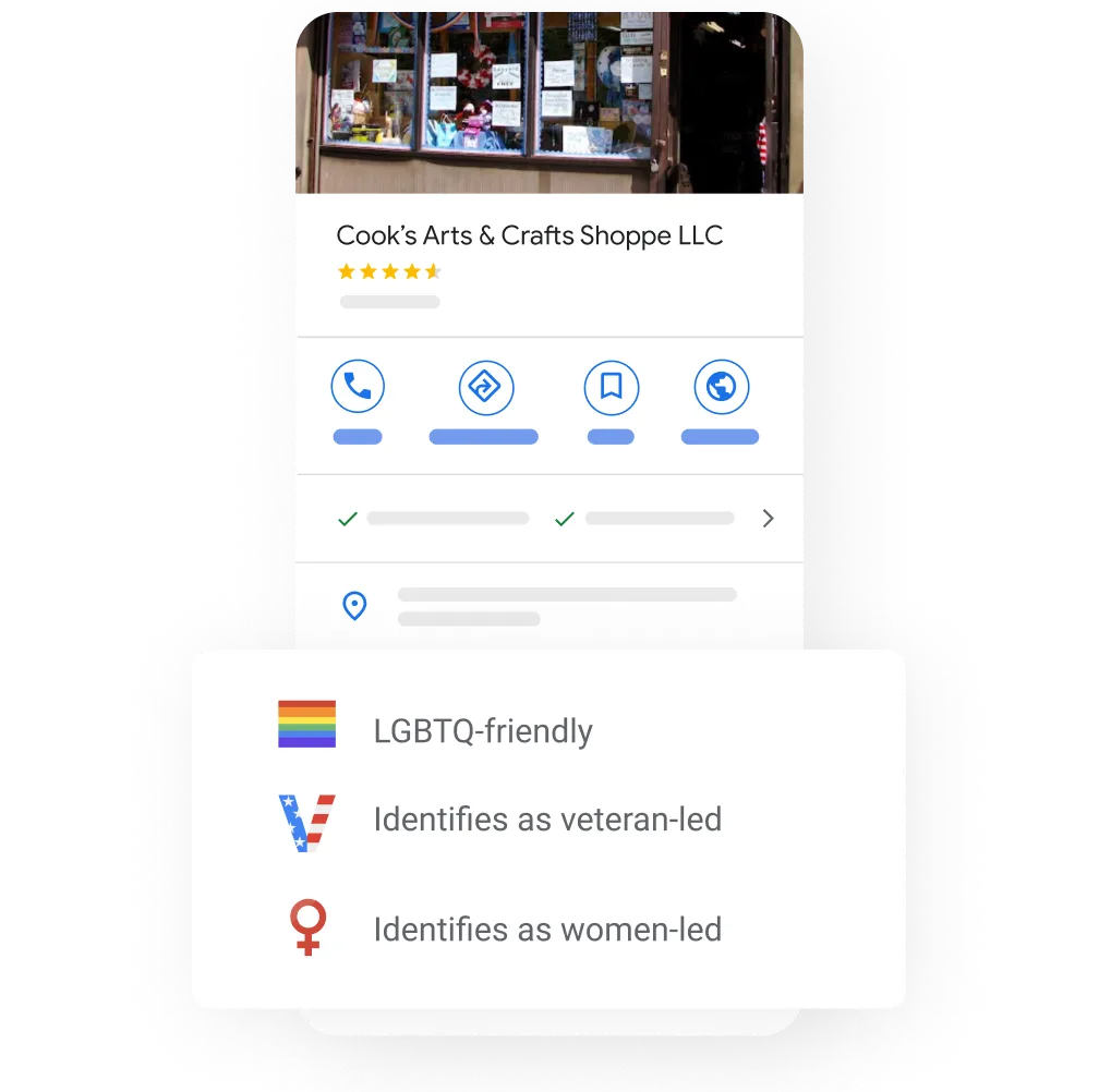 Image of a Business Profile popping out some Added attributes like: Black-owned, women-led, veteran-led, and LGBTQ-friendly .