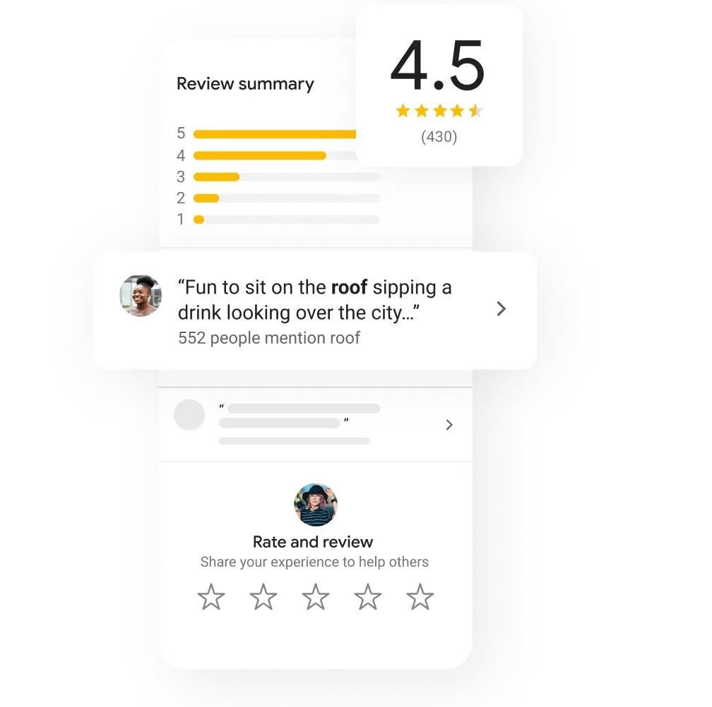 Image of a Business Profile review summary tab with the stars reviews and the customers posts