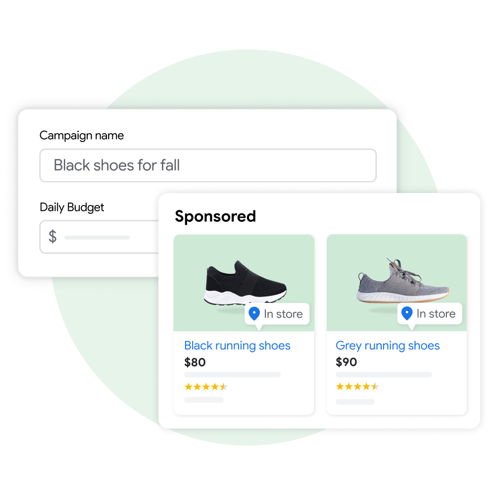 Two user interface modules: One demonstrating a user creating a name and budget for a new campaign in Performance Max and the other displays the customer experience of seeing sponsored product listings on Google Search as a result of that campaign.