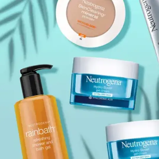 A product spread for Neutrogena featuring products on a blue background with leaves.