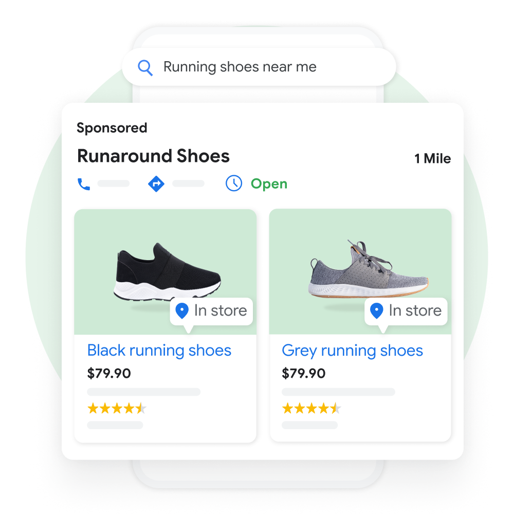 User interface demonstrating a user searching for running shoes on Google Maps, with a pop out of a sponsored Business Profile result previewing products available in-store enhanced for emphasis.