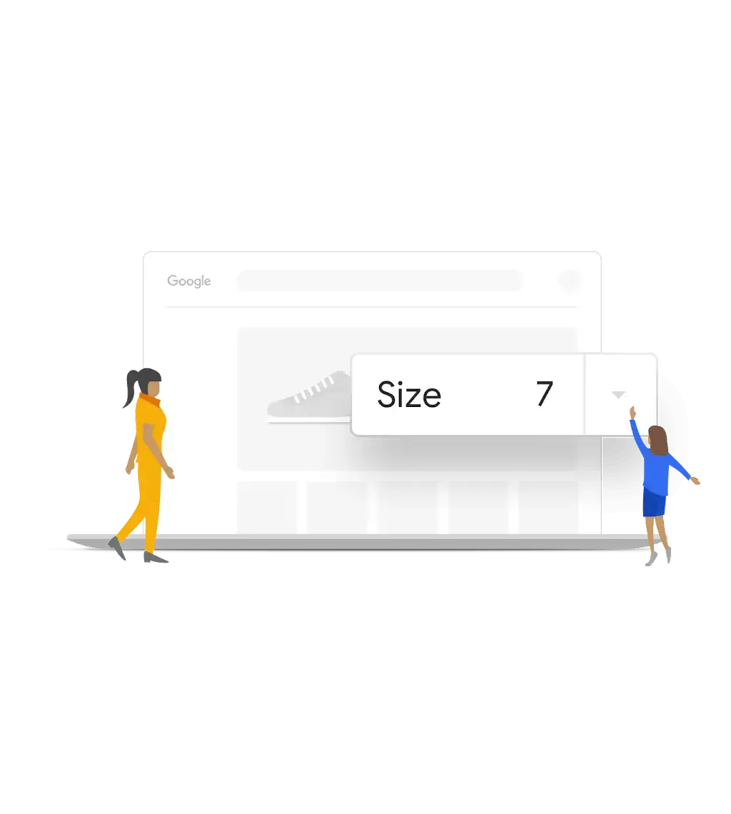 Two illustrated figures work together to select a size for a running shoe product on a laptop featuring the Google Manufacturer Center user interface.