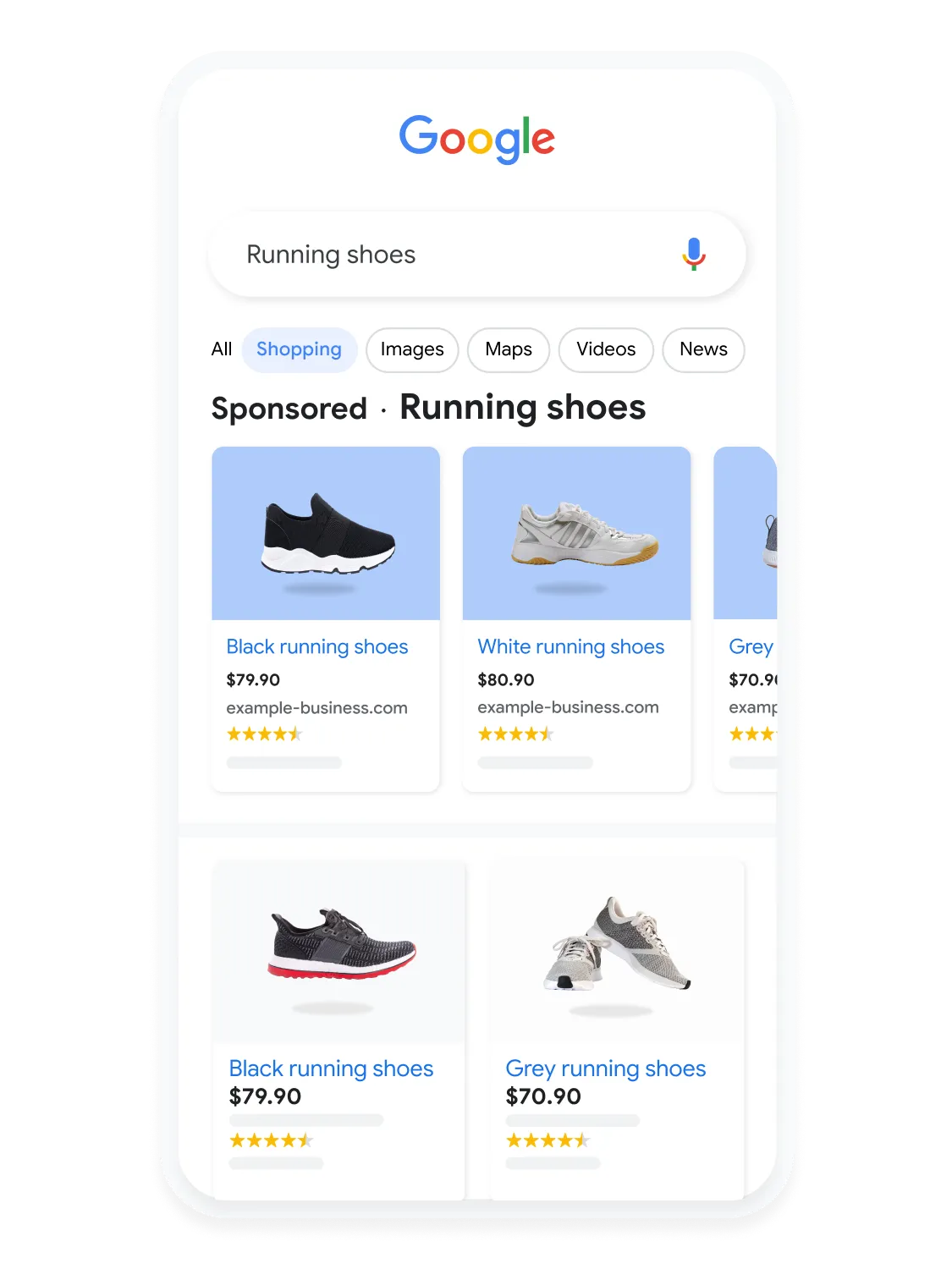 Mobile user interface animated to show a user searching for running shoes on Google Shopping.