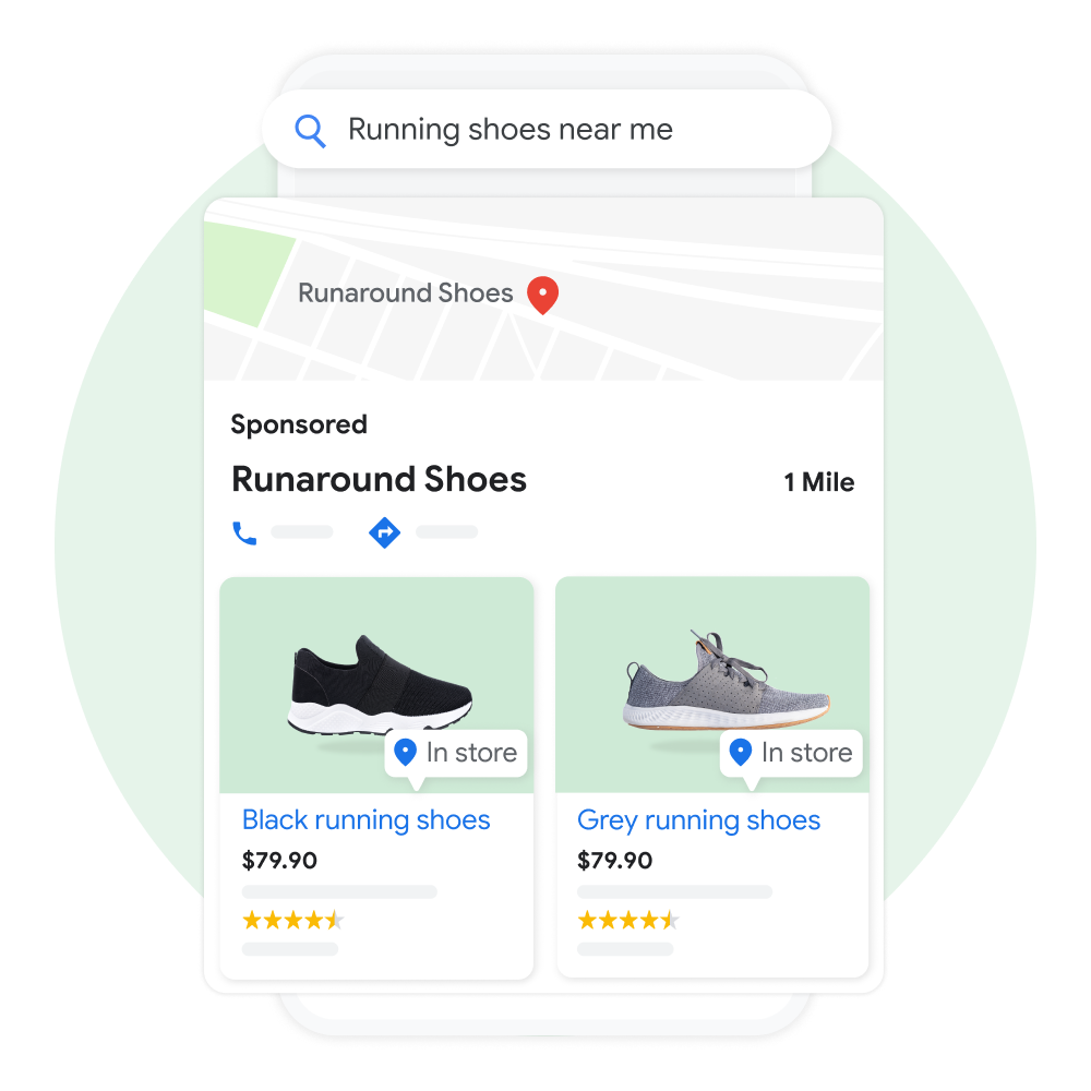 Mobile user interface animated to show a user searching 'running shoes near me' on Google Maps, with a sponsored Business Profile result pulled up and displaying a list of products available in their shop.