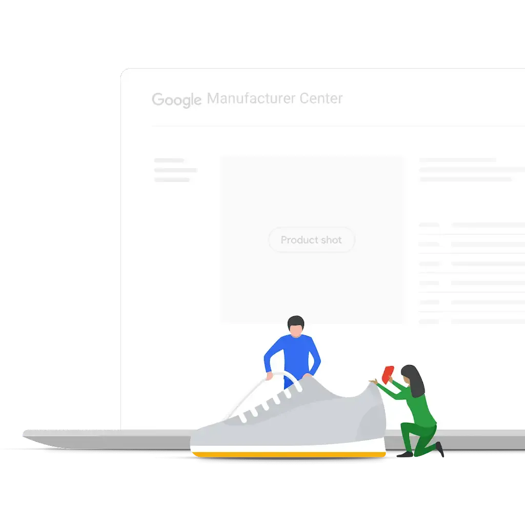 Two illustrated figures work together to design and make a sneaker, with a laptop opened up behind them featuring the Google Manufacturer Center user interface.