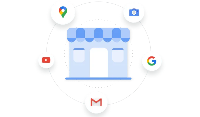 A physical location icon surrounded by the branded icons for Google Maps, Google Images, Google Search, Youtube, and Gmail.