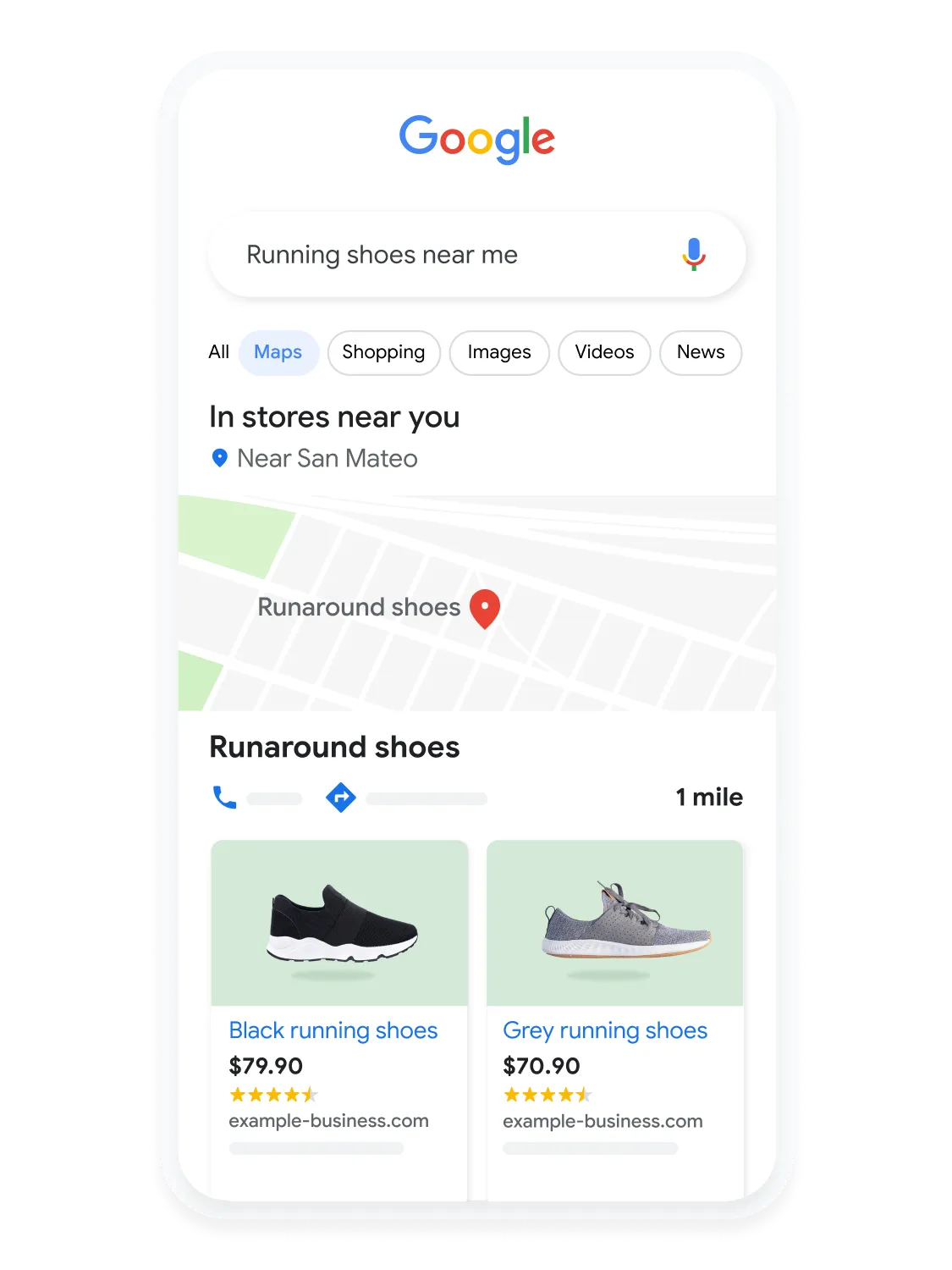 Mobile user interface animated to show a user searching for running shoes on Google Maps.