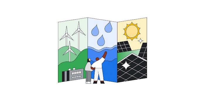 Illustration of wind mills, water, and solar panels with people pointing up at them