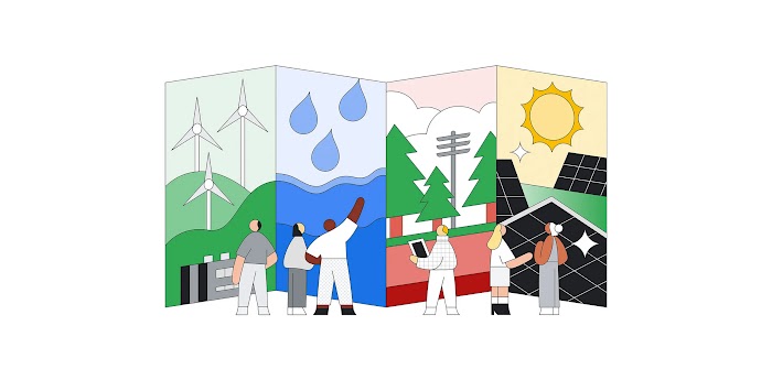 Illustration of wind mills, water, trees and solar panels with people pointing up at them