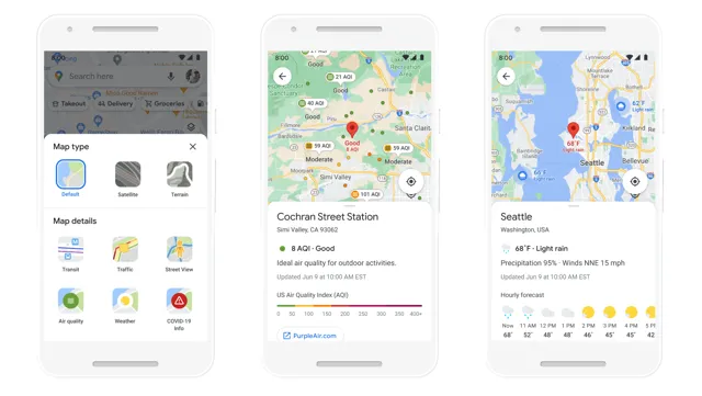 Mobile ui showing helpful air quality and weather information with new layers in Google Maps