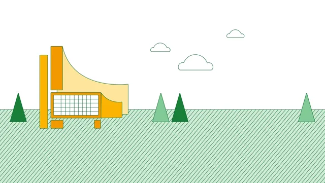 Abstract illustration of a hotel on a green landscape