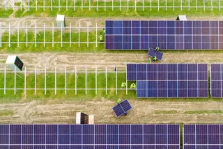 Group of workers assemble rows of solar panels in a green field