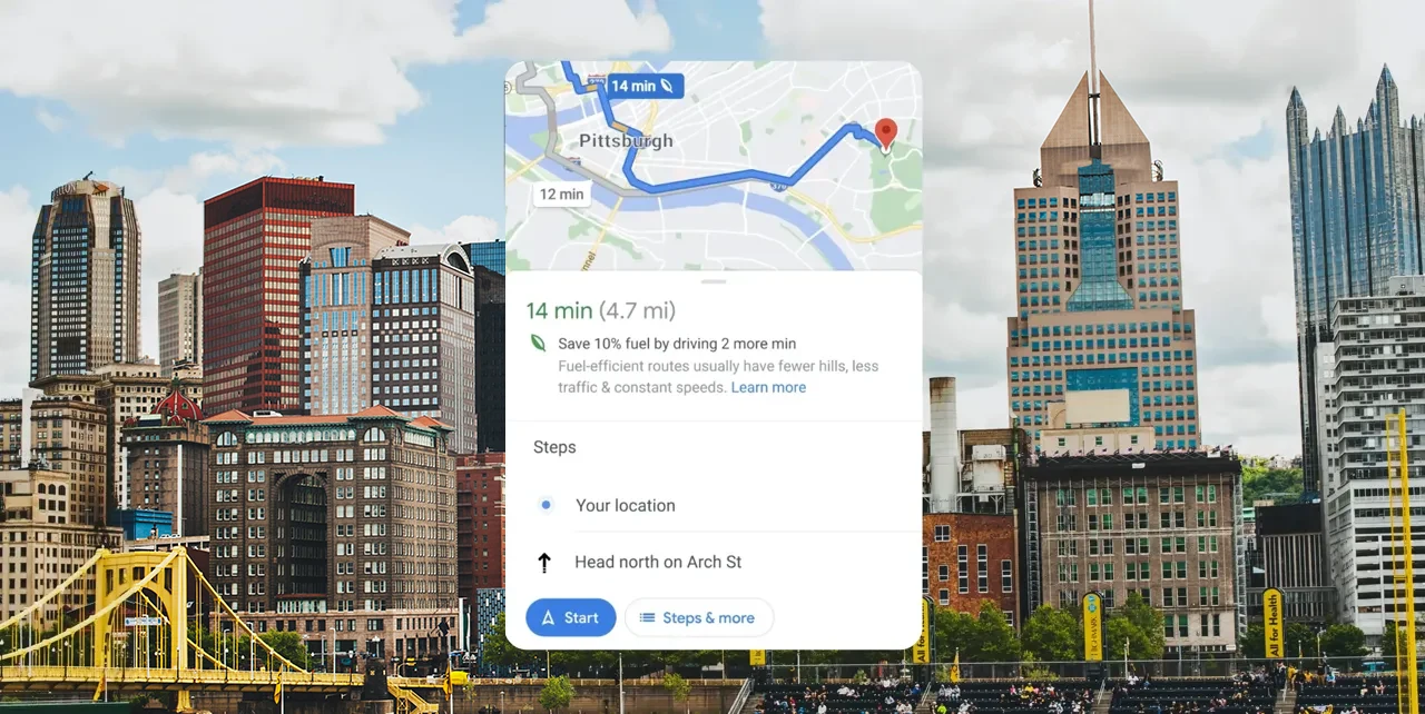 Cityscape overlayed with UI for Eco-friendly Routing feature in Google Maps