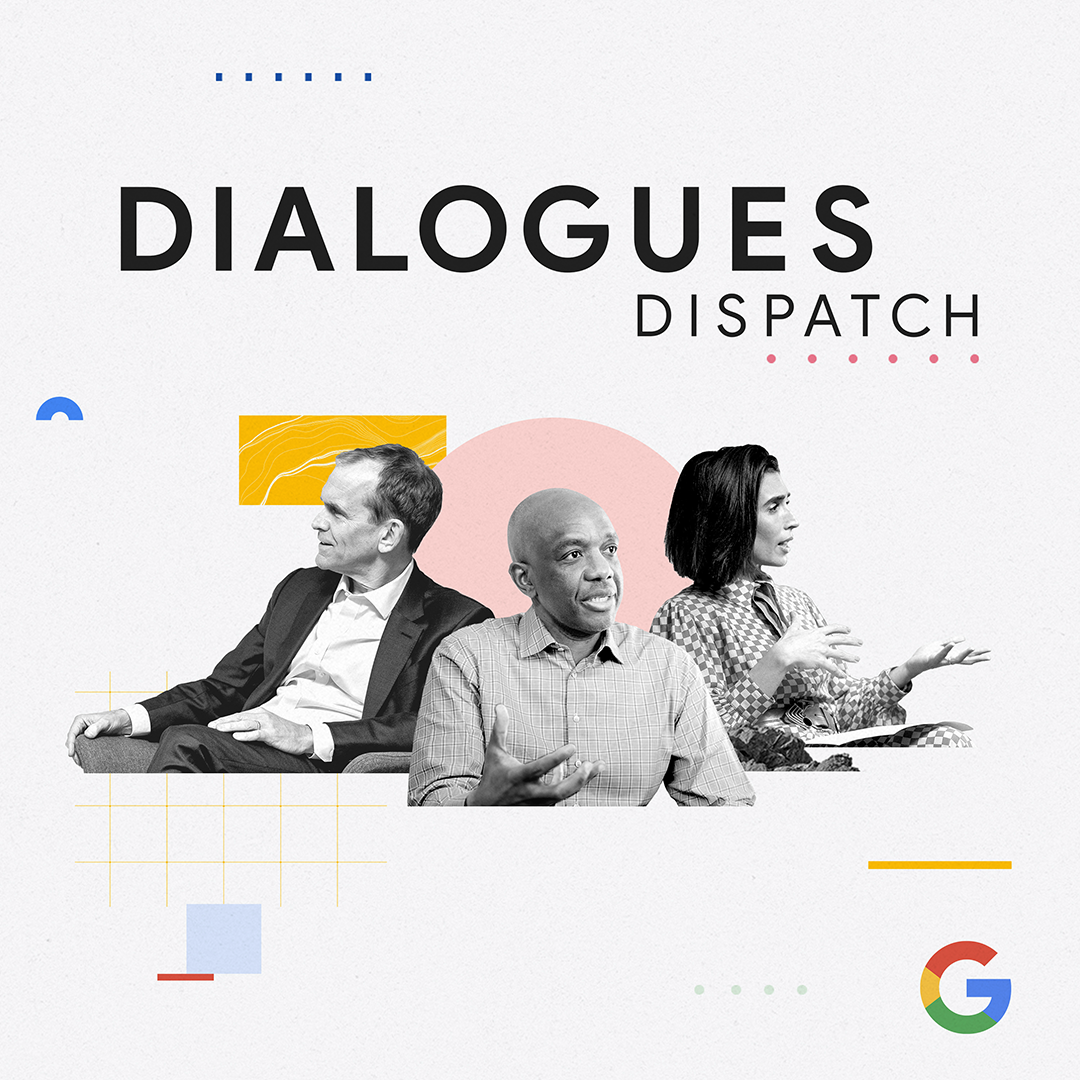 An image with the headline ‘Dialogues Dispatch’ above a black and white image of three executives lecturing.