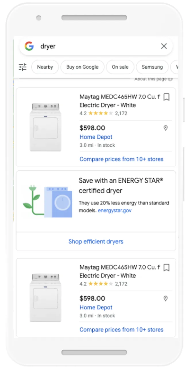 UI of Google Shopping suggestions for more sustainable and energy-efficient options when searching for high-impact home appliances.