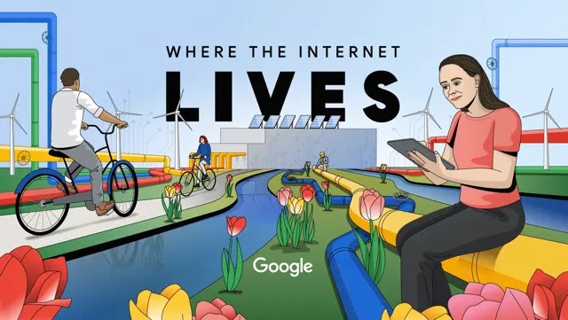 Animated image of a woman sitting on a water pipeline that leads to a data center. She sits near a canal, surrounded by tulips and people cycling on a bicycle path. More pipes and windmills fill out the background.
