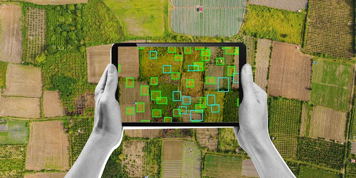 Illustration of hands holding a tablet looking at plots of land from aerial view